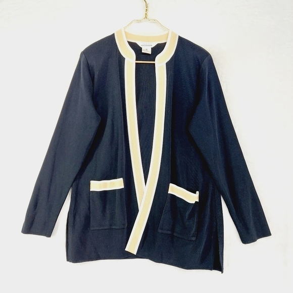 Exclusively Misook Black White Yellow Topper Sweater Coat Open Front BlazerP5017 - Picture 1 of 7